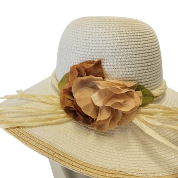 White Paper Straw Hat with Floral Embellish Wide Brim Sun Beach Hat main image 12